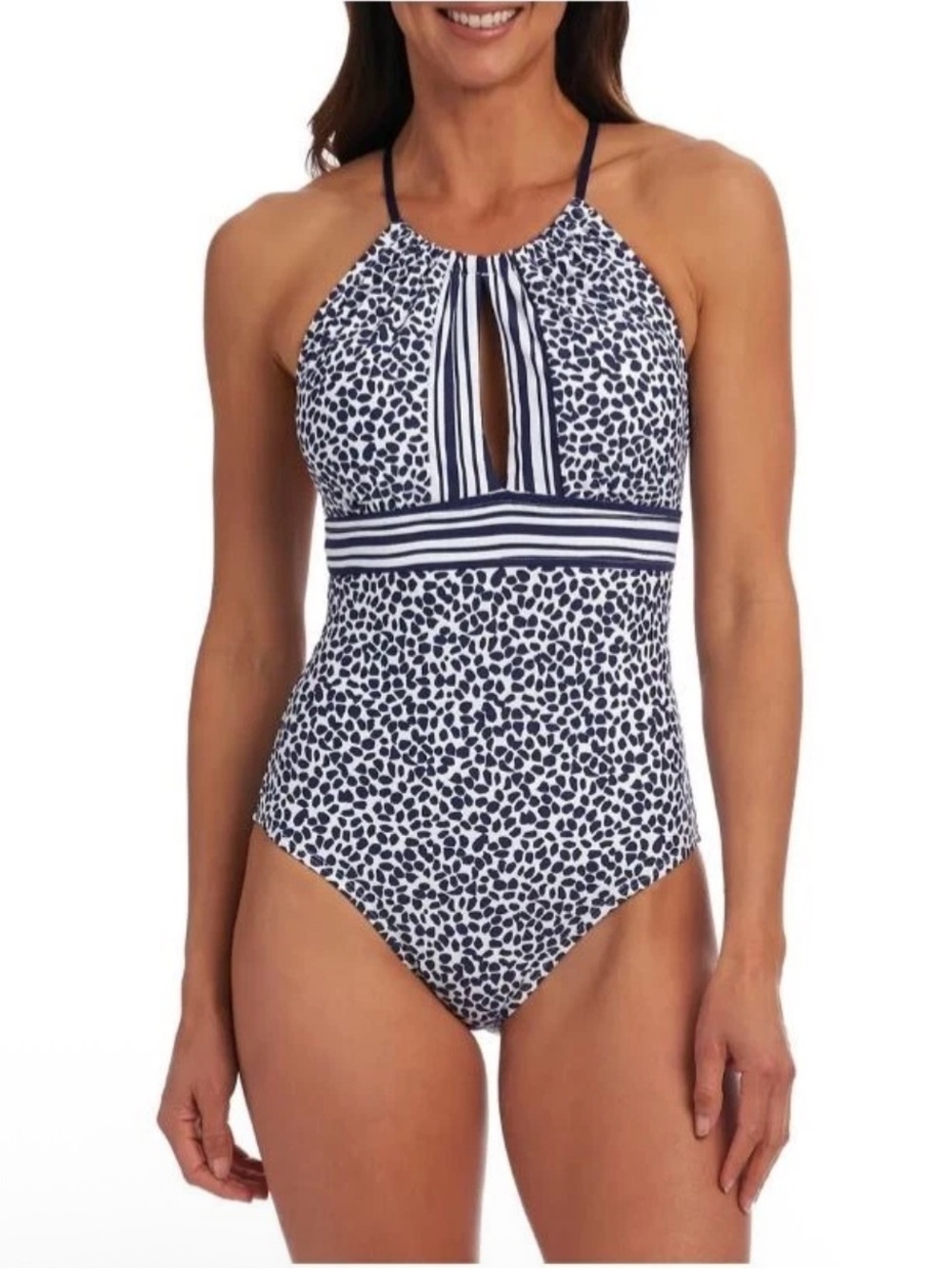 La Blanca Apulia Mio High Neck One-Piece Swimsuit Navy White Size 16